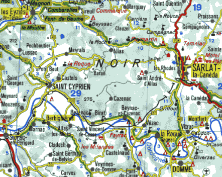 Mapa de la comarca del Périgord francés donde se localizan los hechos de la novela